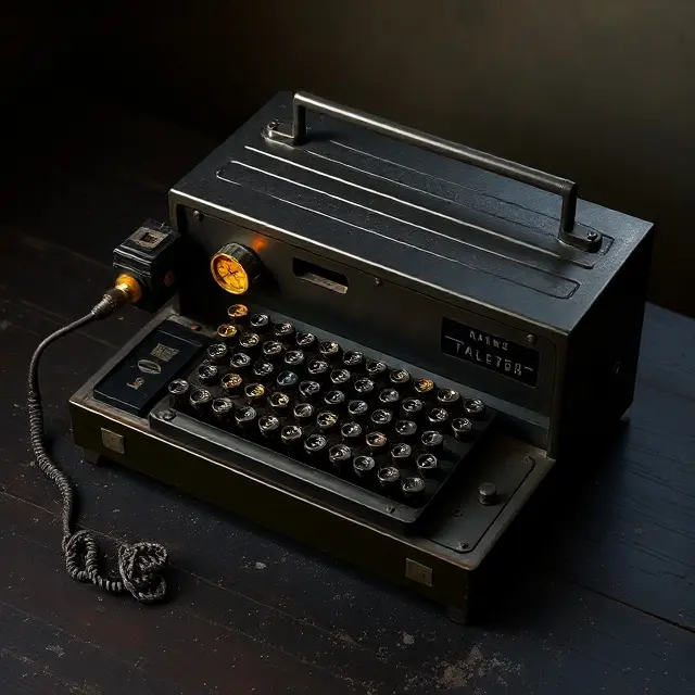 Old military telegraph on dark dusty table: yellow sensor blinking, hole punch printing Morse code on paper.